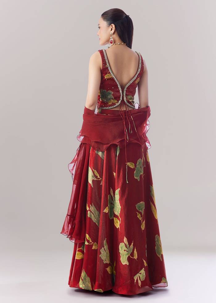 Maroon Abstract Printed Mirror Lehenga And Stone Corset