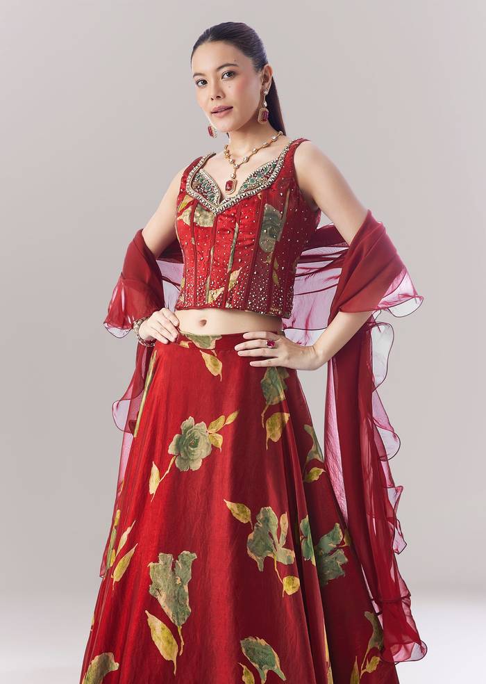 Maroon Abstract Printed Mirror Lehenga And Stone Corset