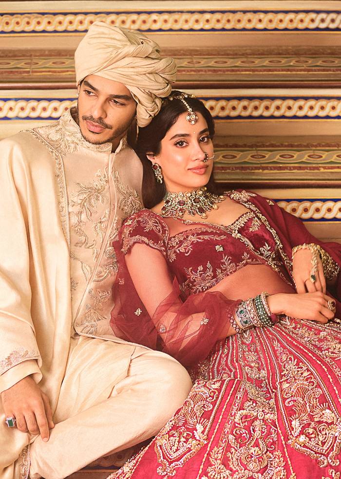 Janhvi Kapoor And Ishaan Khatter In Our Maroon Bridal Lehenga And Gold Sherwani