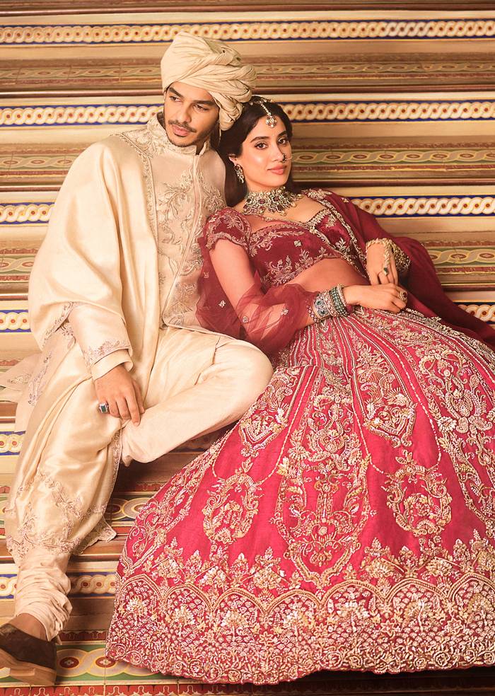 Janhvi Kapoor And Ishaan Khatter In Our Maroon Bridal Lehenga And Gold Sherwani