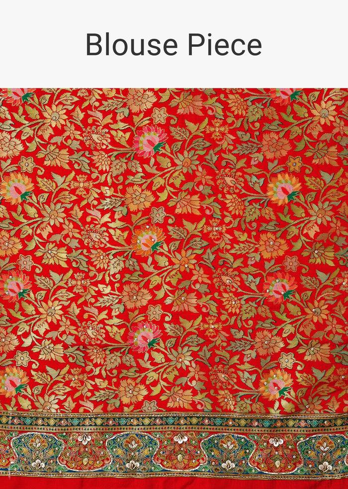 Red Dupion Silk Animal Motif Saree