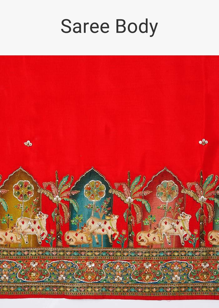 Red Dupion Silk Animal Motif Saree