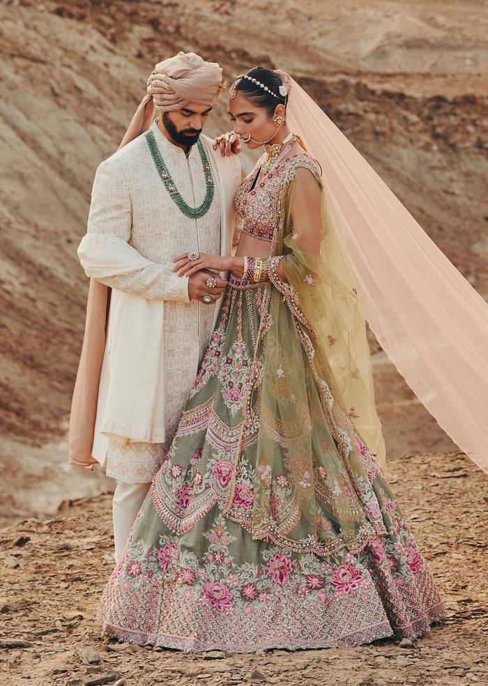 Regal Bloom - Zardosi & Pearl Bridal Lehenga For Her And Hand-Embroidered Sherwani For Him