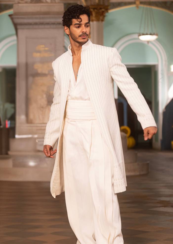 Ishaan Khatter In Our Ivory Hand Embroidered Indo Western Sherwani Set