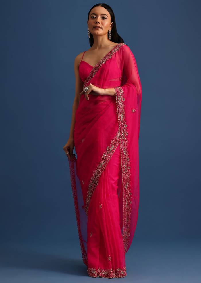 Hot Pink Cutdana Embroidered Saree With Unstitched Blouse