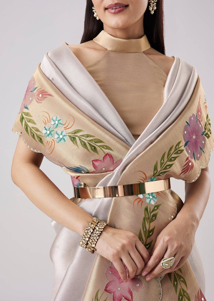 Silver Contrast Border Solid Saree With Unstitched Blouse