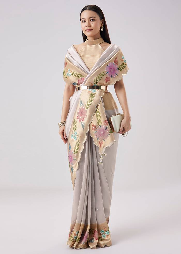 Silver Contrast Border Solid Saree With Unstitched Blouse