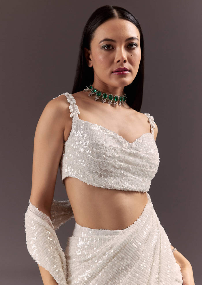 Silver Round Neck Blouse With Ready Drape Saree
