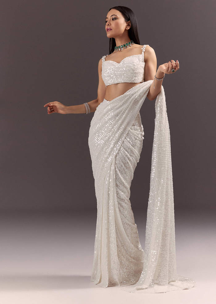 Silver Round Neck Blouse With Ready Drape Saree