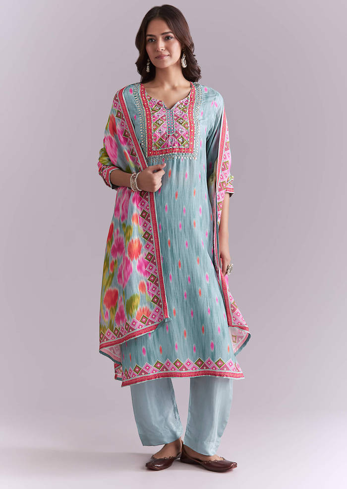 Sky Blue Silk Kurta Set With Ikat Style Print