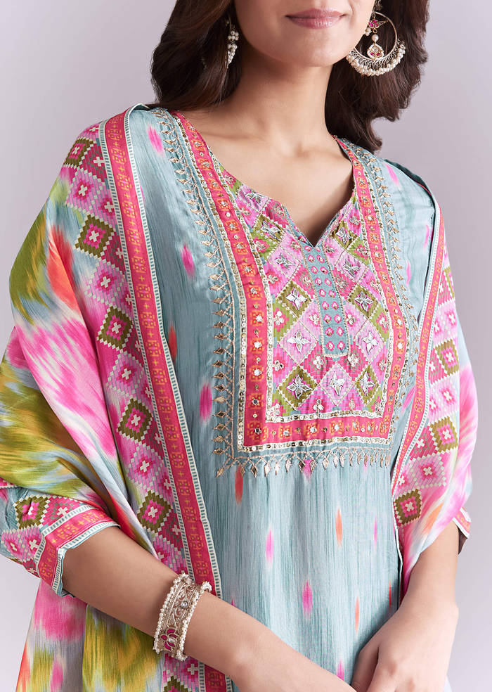 Sky Blue Silk Kurta Set With Ikat Style Print