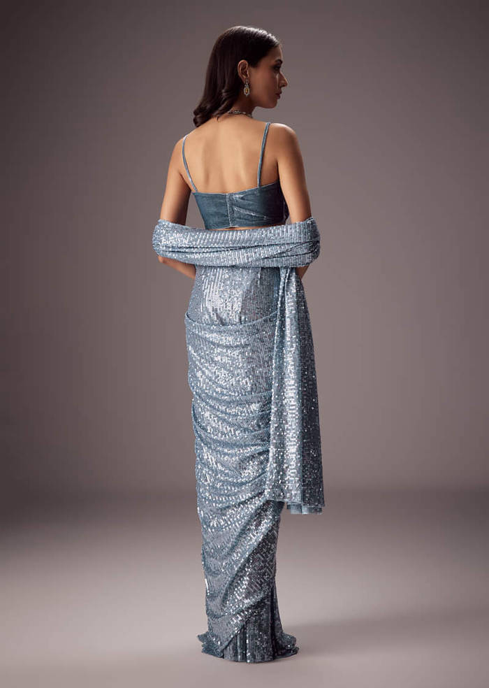 Steel Blue Sequin Saree Paired With A Plush Velvet blouse