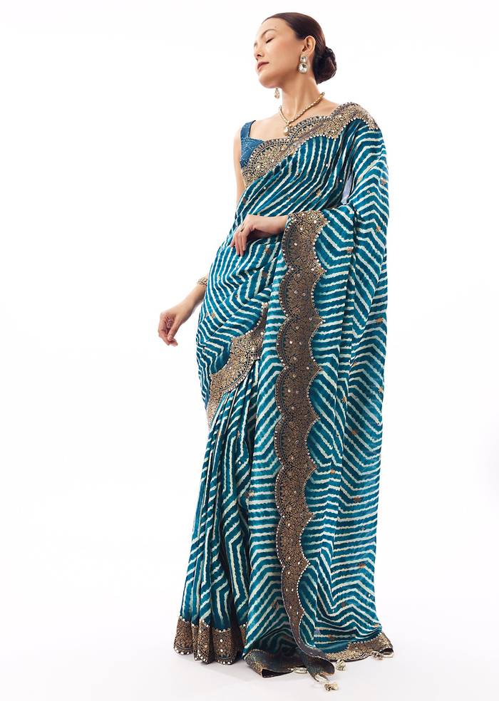 Teal Blue Lehariya Saree With Mirror Work