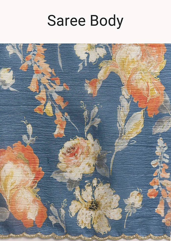Teal Blue Tissue Saree With Floral Print And Embroidered Border