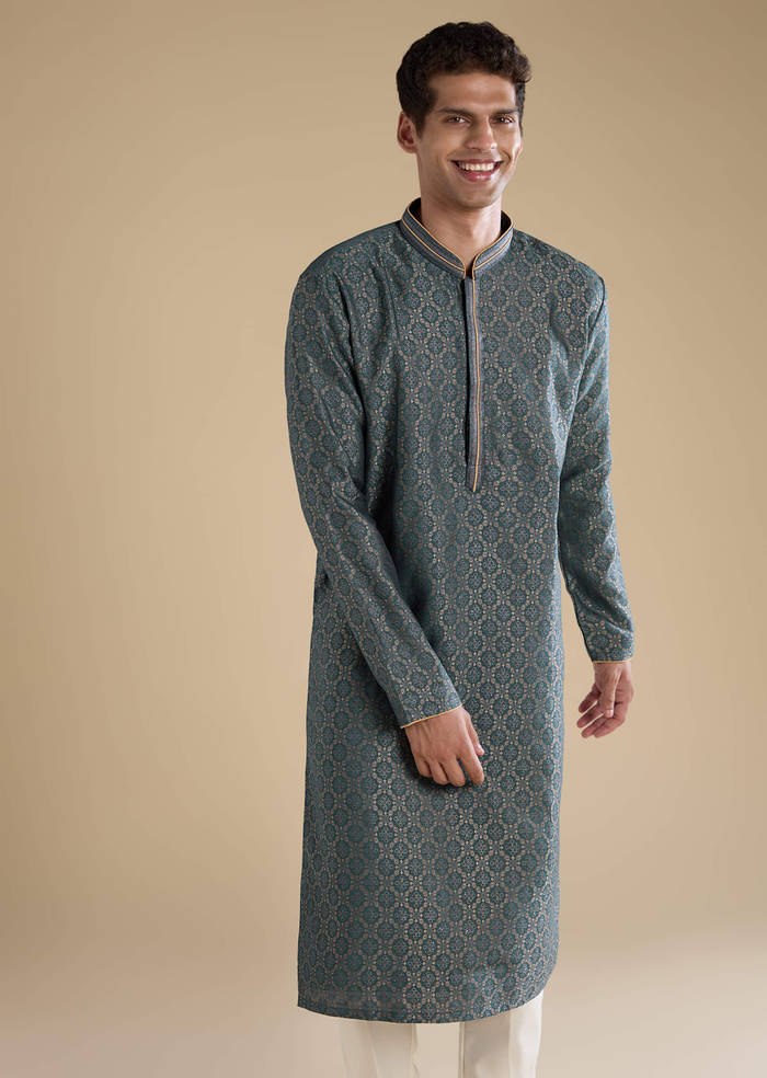 Teal Jacquard Self Work Mens Kurta Set