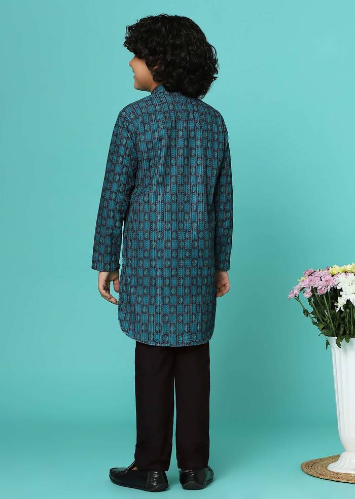 Teal Blue Printed Silk Kurta Pant Set