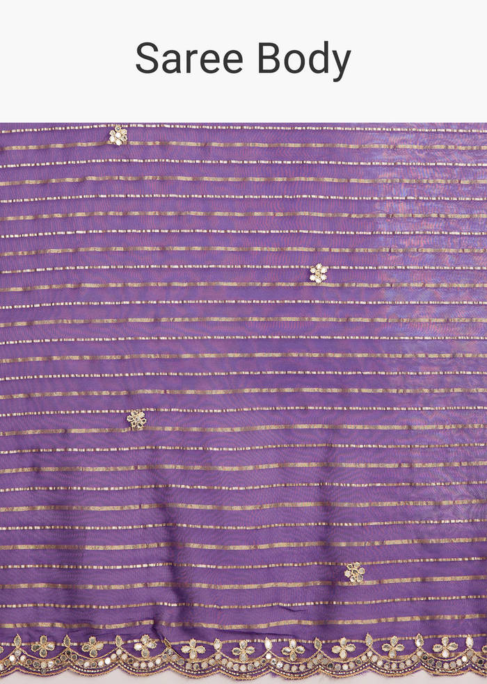 Violet Georgette Saree With Foil Stripes And Gota Patti Mirror Work