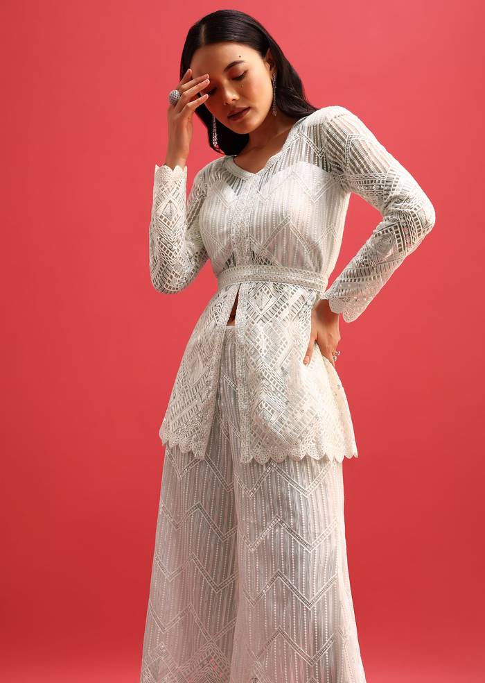 White Net Kurta Palazzo Set In Sequin Work