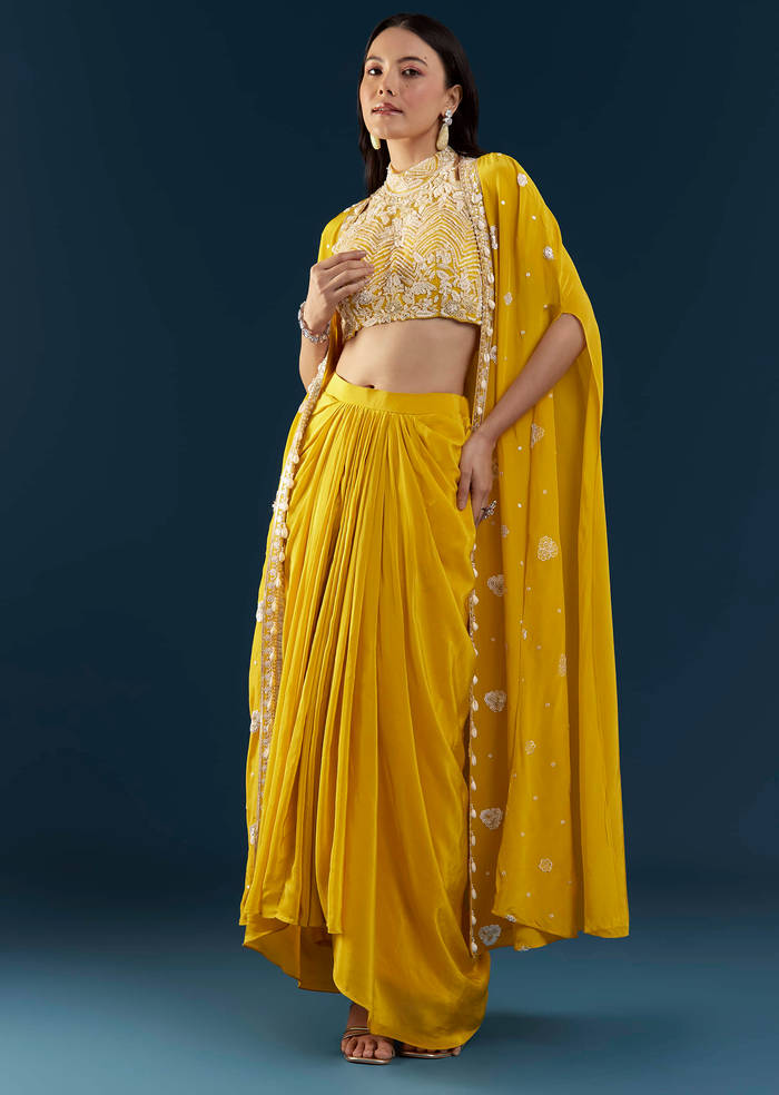 Yellow Fusion Crop Top Skirt Set with Cape