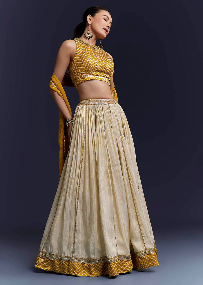 Yellow Satin Bridesmaid Lehenga With Hand Dyed Chevron Print Choli