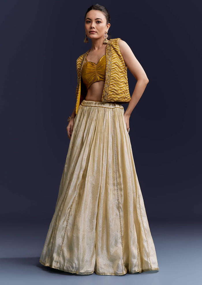 Yellow Satin Festive Lehenga With Hand Dyed Chevron Print Jacket