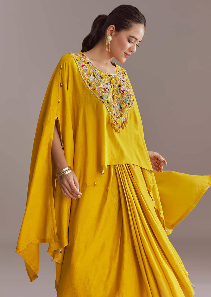 Yellow Silk Kaftan Top And Drape Skirt Set With Embroidery