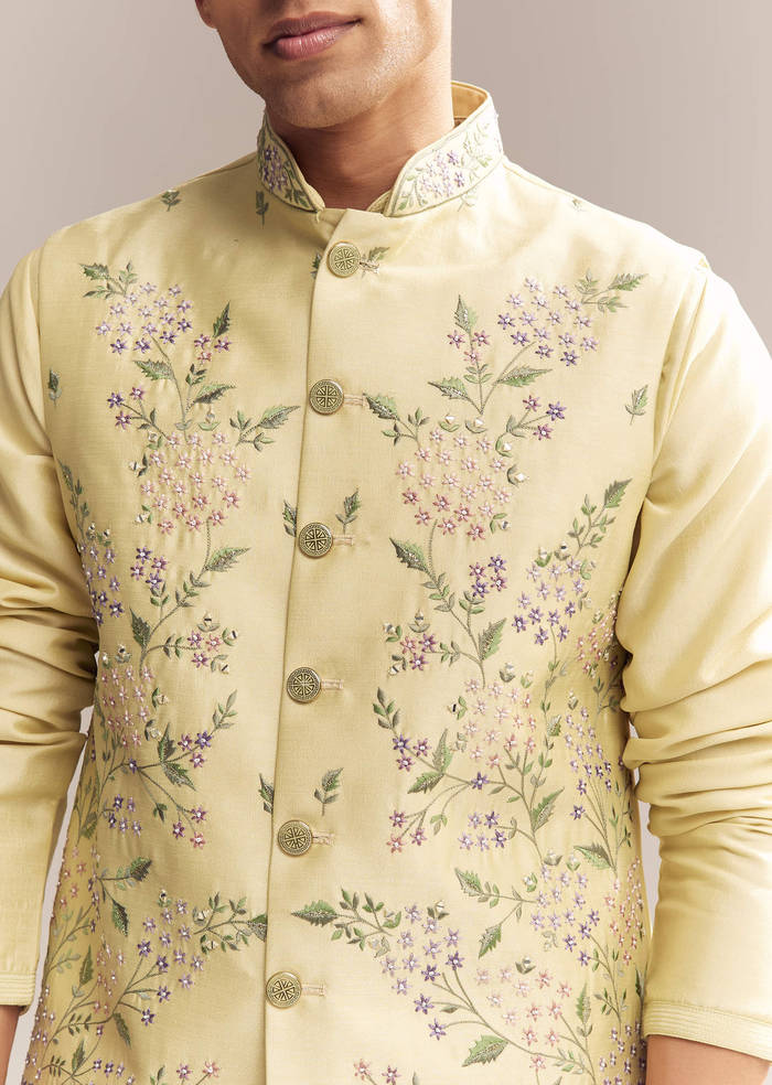 Yellow Silk Kurta Jacket Set For Men With Heavy Embroidery