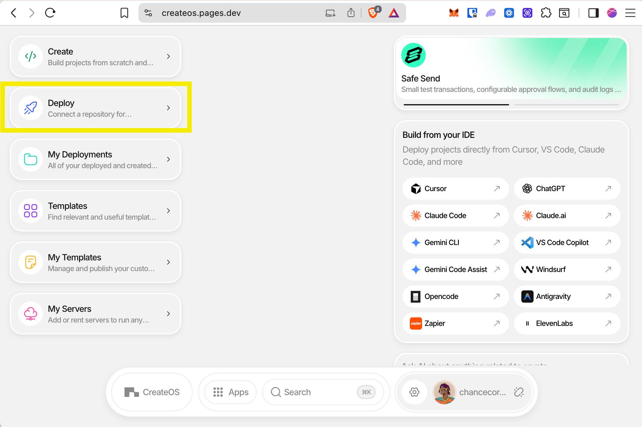 CreateOS deploy panel