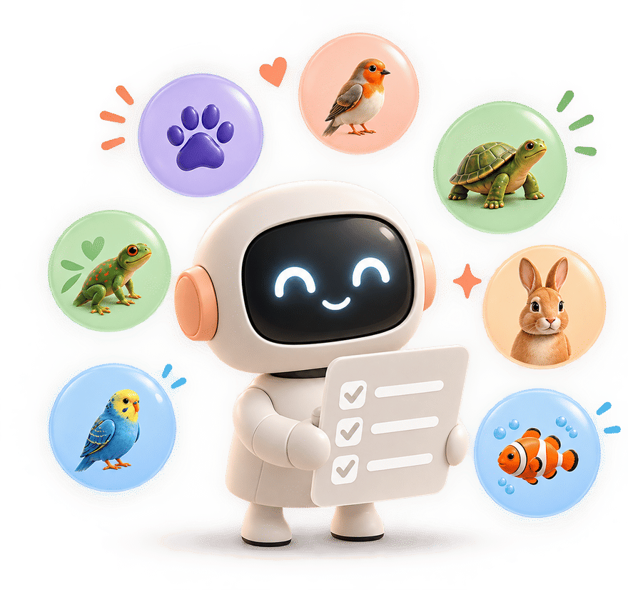PETTO's robot holding a checklist, surrounded by pets