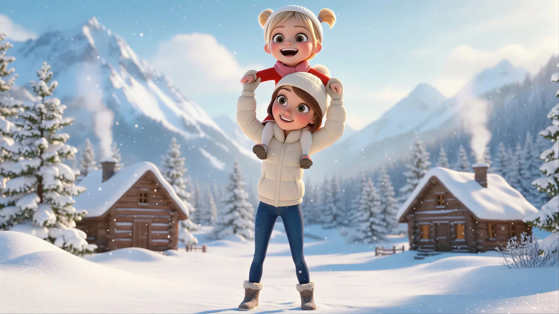 Mother and child enjoying a joyful moment in a snowy mountain landscape