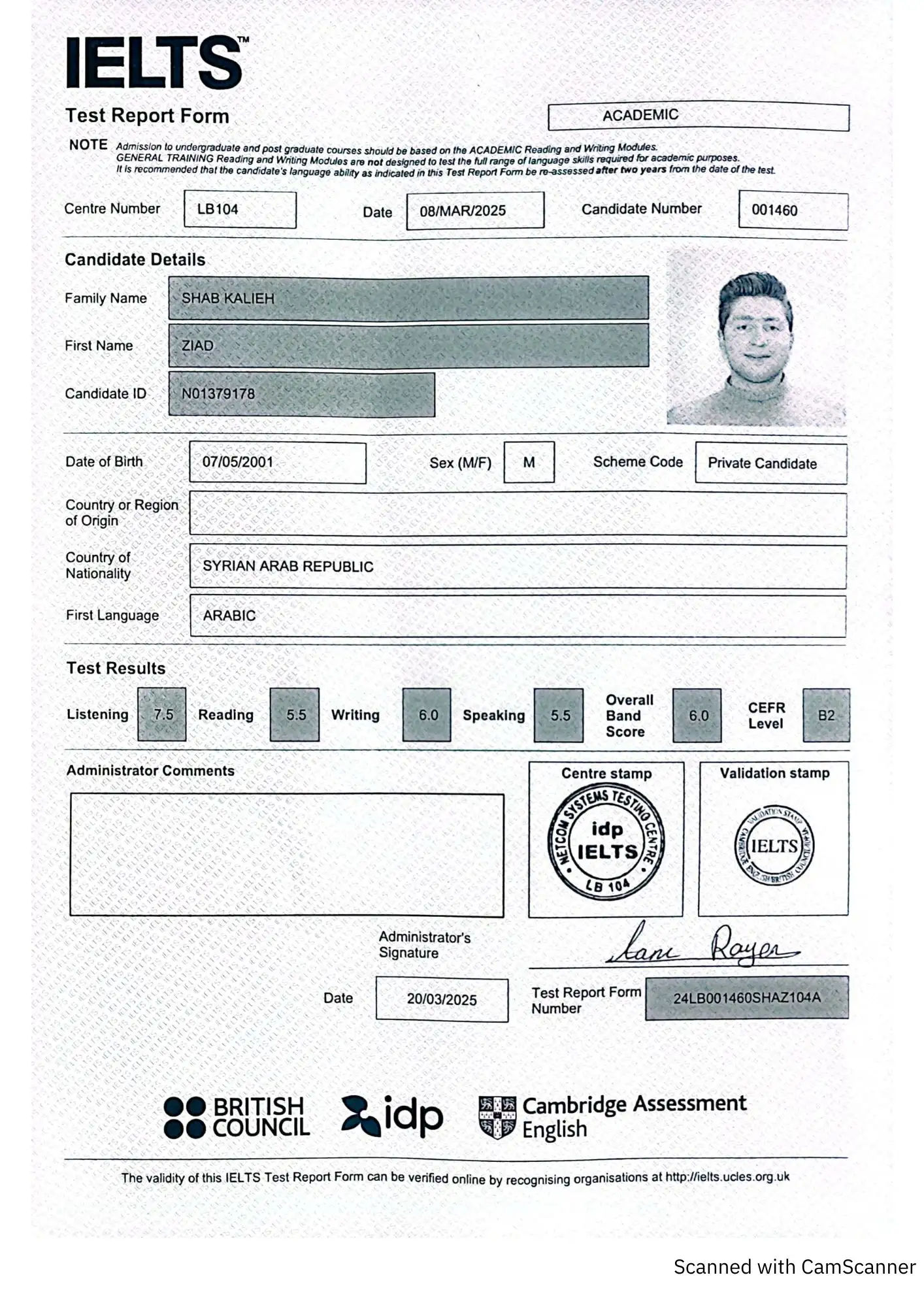 Official IELTS Academic Test Report Form