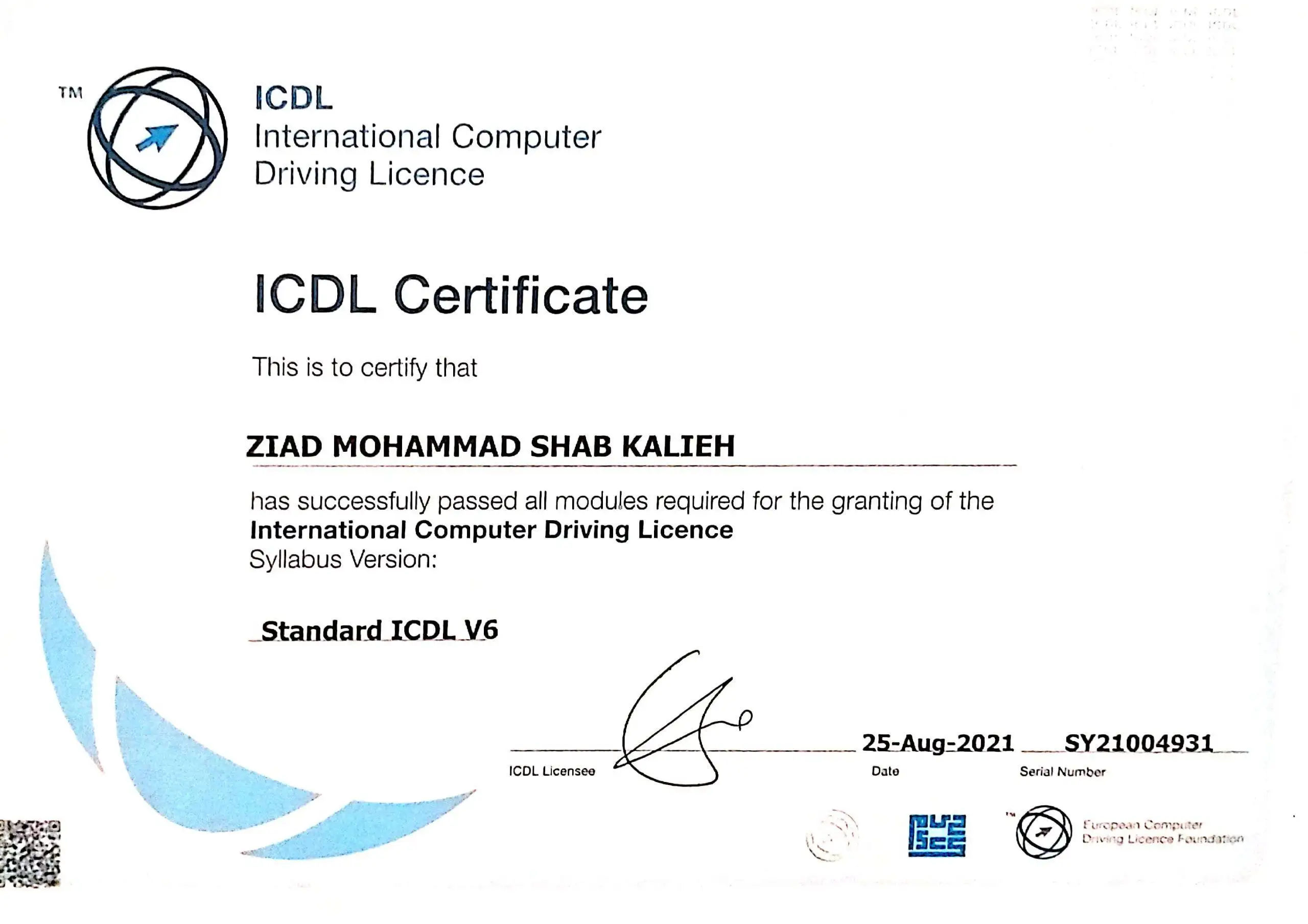 ICDL Standard V6 Certificate