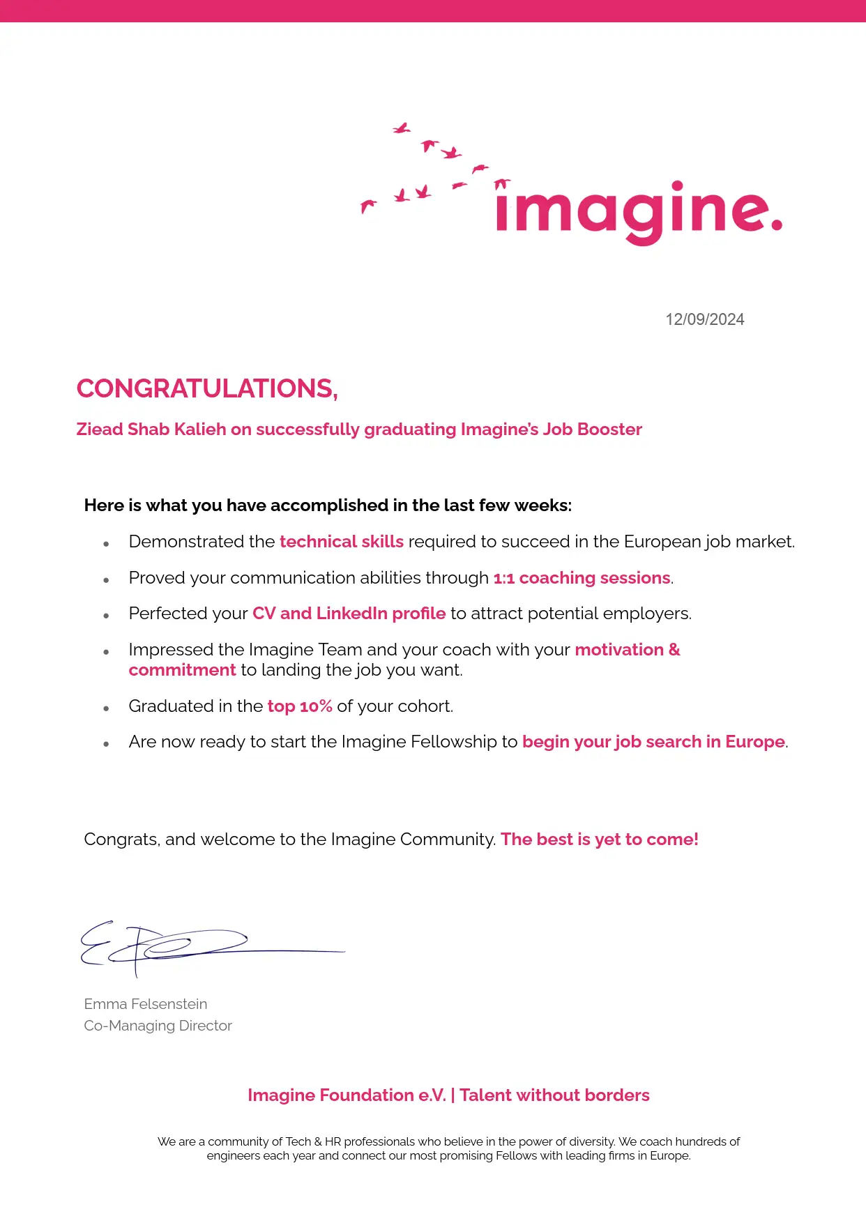 Imagine Job Booster Graduation Certificate