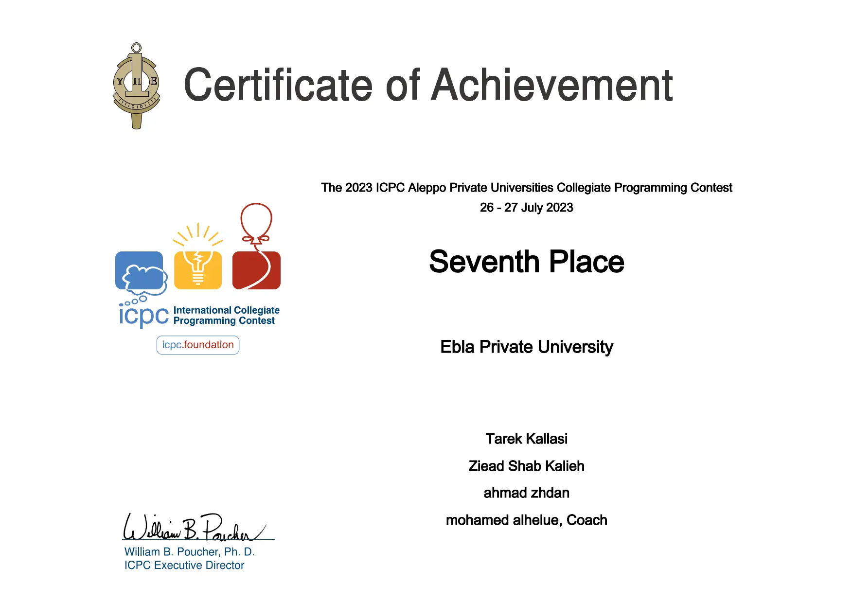 Certificate of Achievement for ICPC