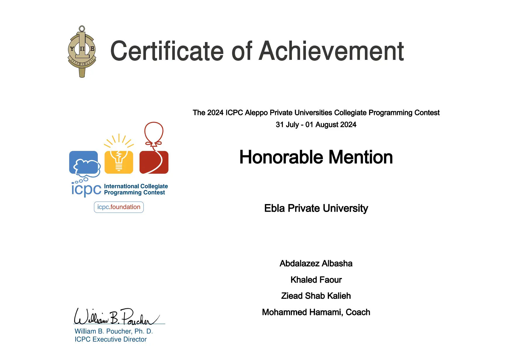 Certificate of Achievement for Team Ha in the ICPC contest