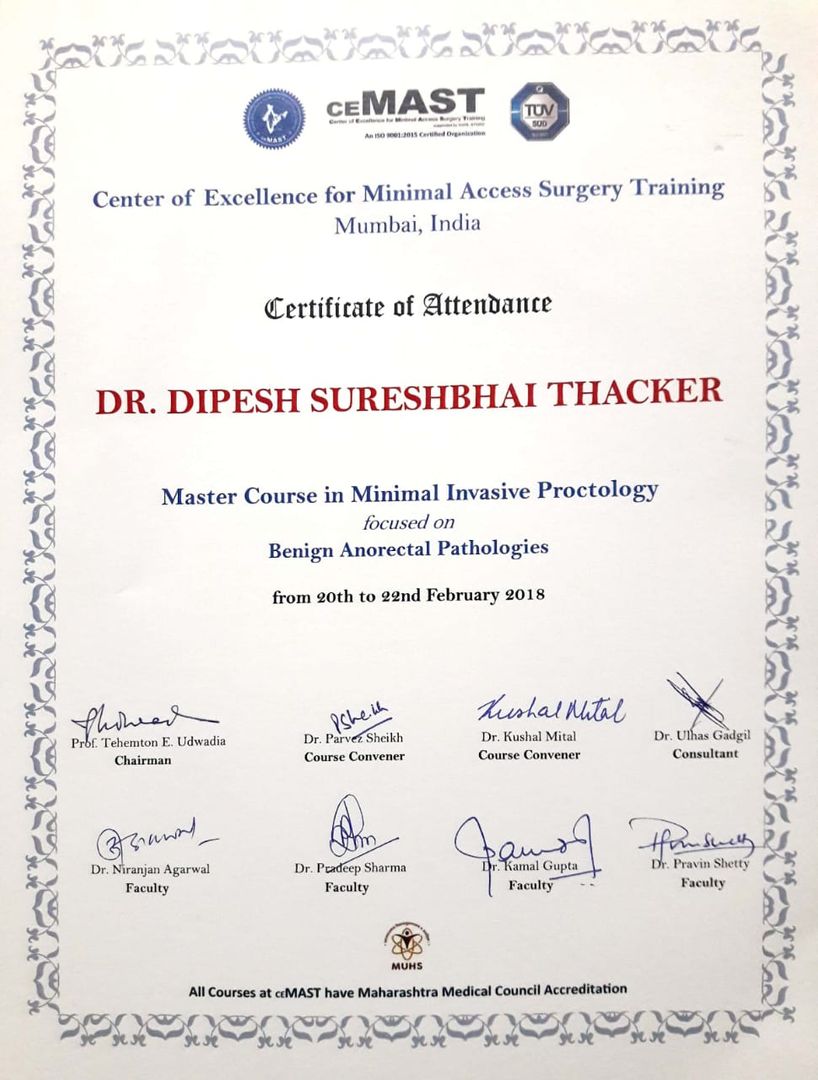 Dr. Dipesh received the certificate of Attendance for Master Course in Minimal Access Surgery Training