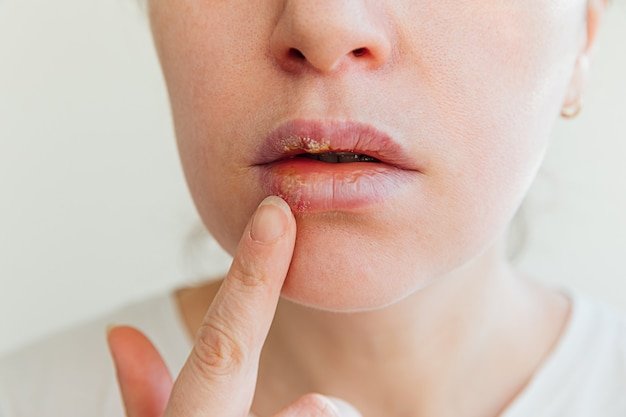 Photo close up of girl lips affected by herpes treatment of herpes infection and virus