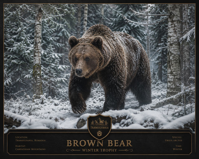 A brown bear walking through a snowy forest in the Carpathian Mountains of Transylvania, Romania.