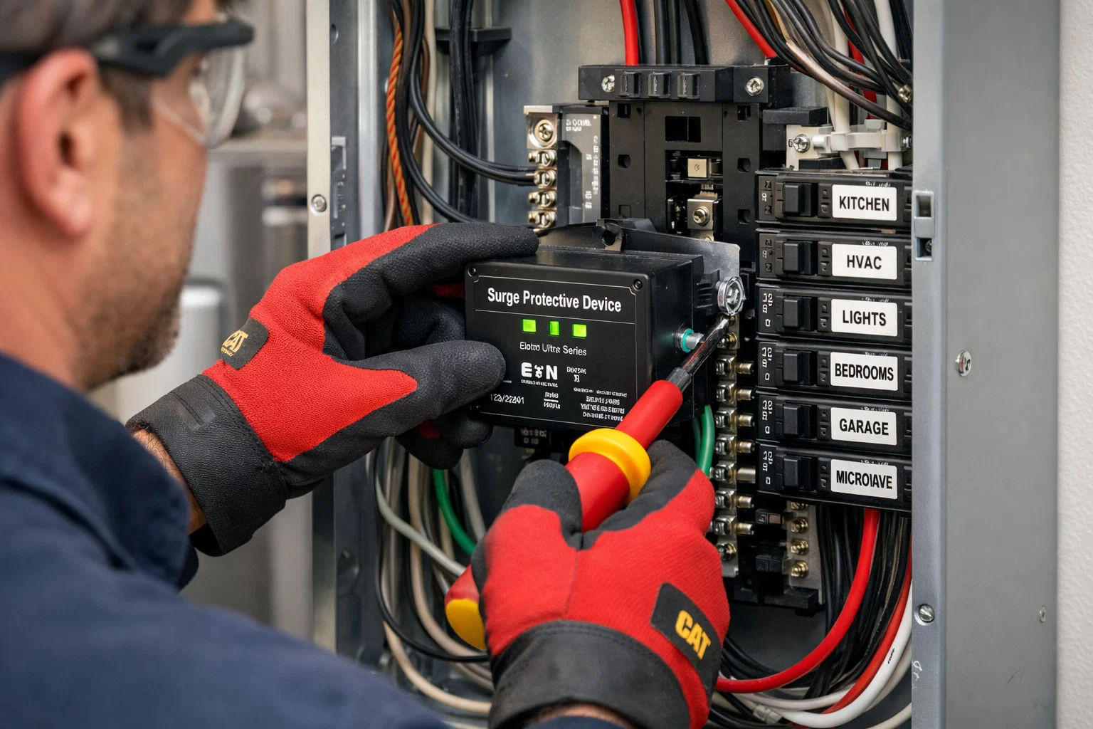 Elektriker installiert ein Überspannungsschutzgerät in einer elektrischen Verteilung