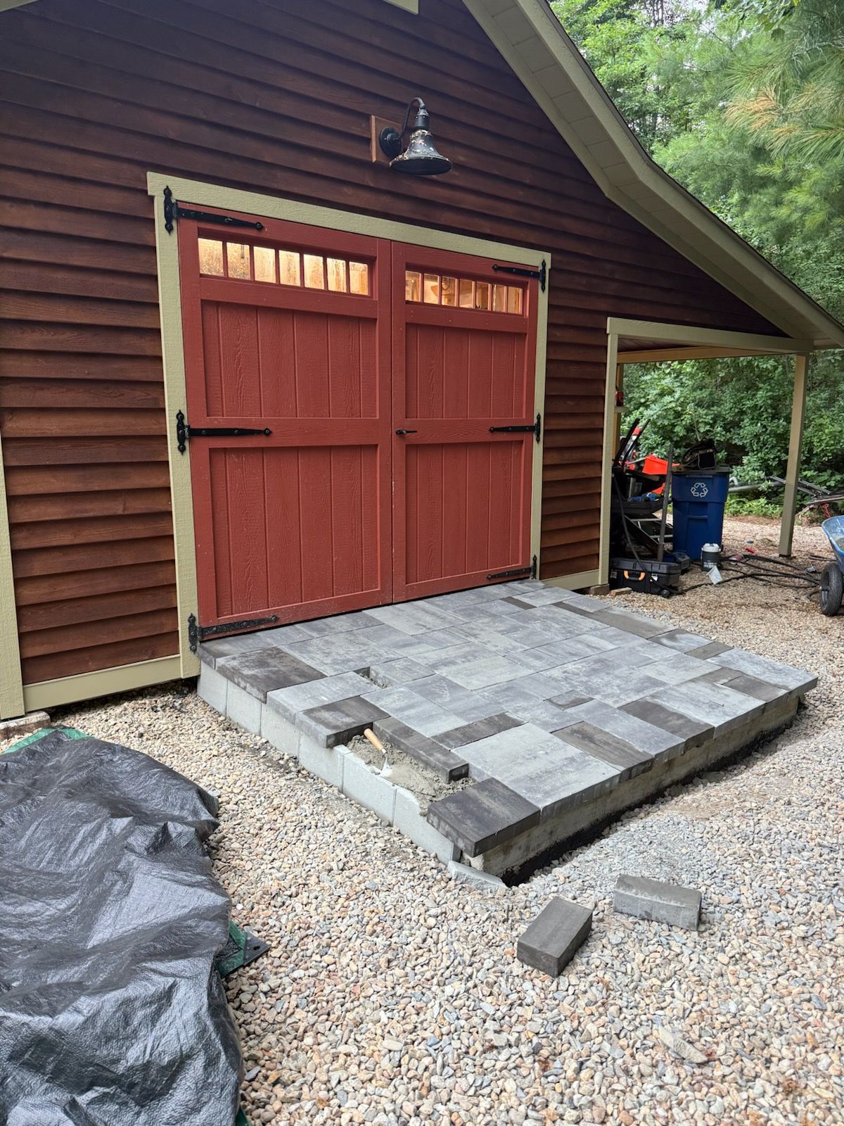 Rustic Charm Shed Ramp with Gray Pavers | Dmo Scapes, LLC