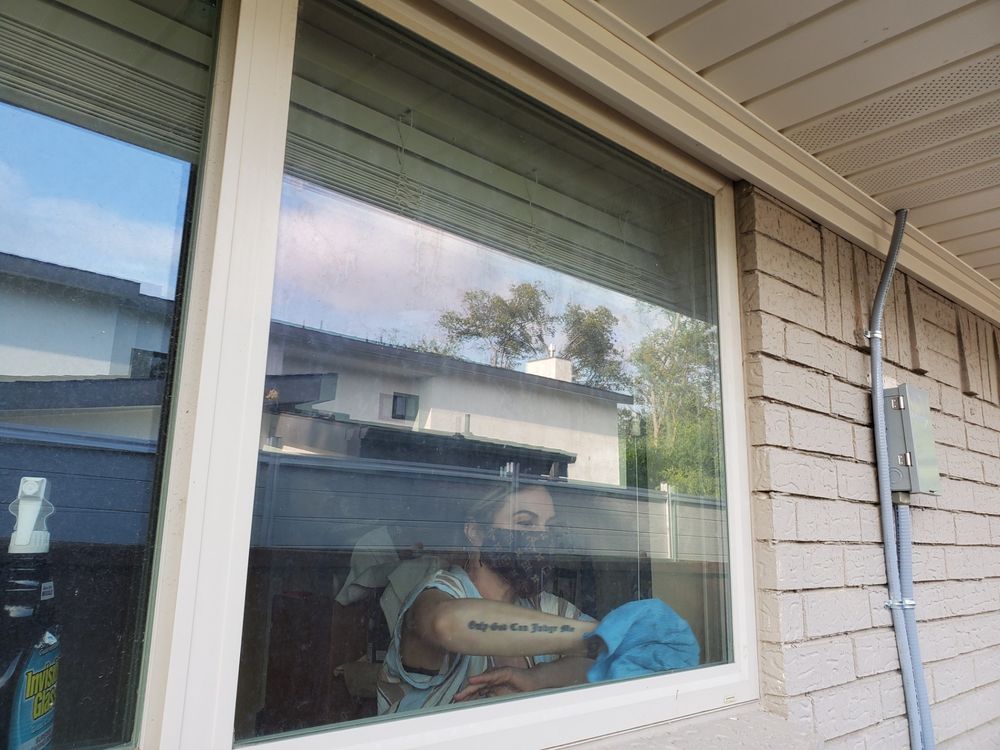 Person cleaning windows, surrounded by a residential setting.