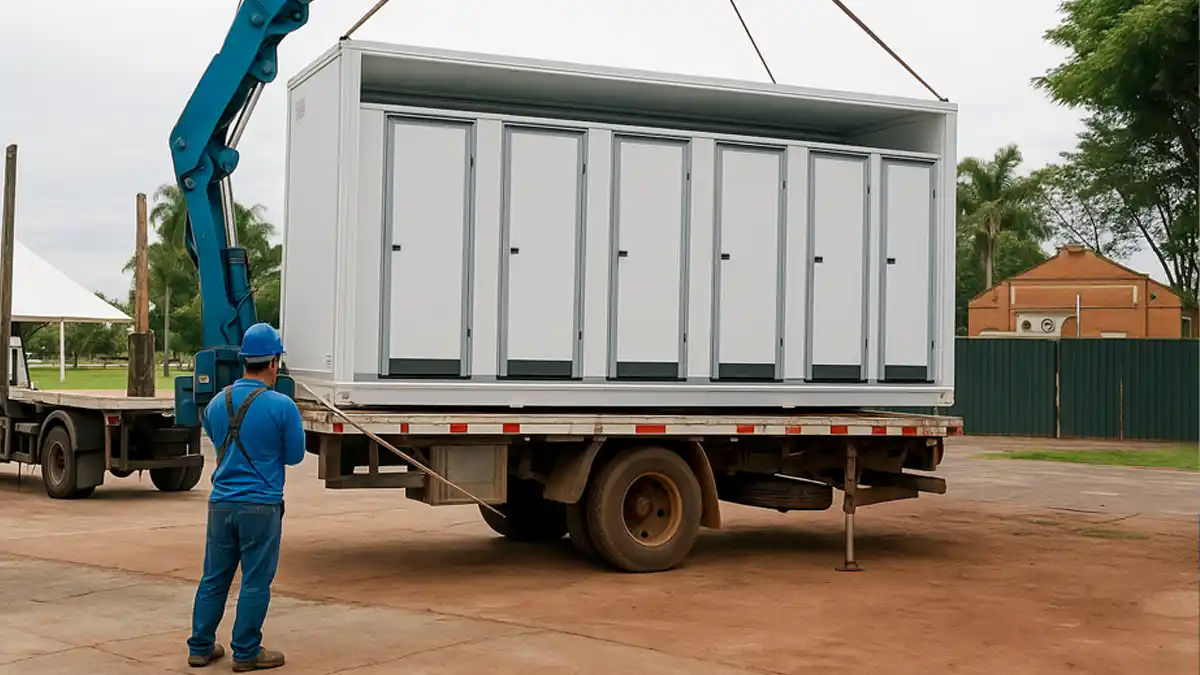 Container Banheiro Duplo sendo entregue em evento.