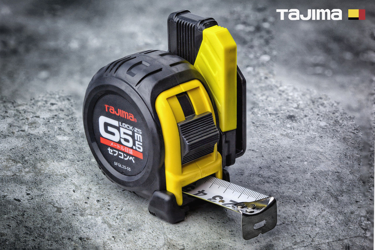 Рулетка TAJIMA G LOCK 5,5м х 25мм ударостійка з тримачем на пояс для будівельних робіт