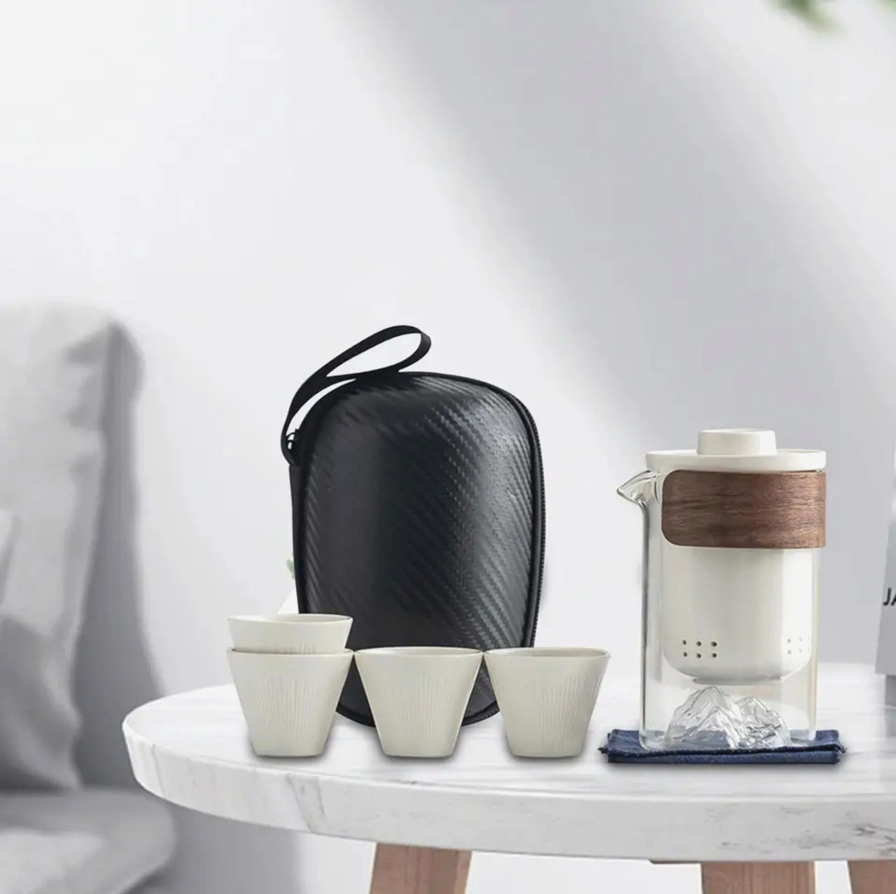 Набір Travel Tea Set для чайної церемонії з сумкою, кераміка і боросилікатне скло, 350 мл, білий