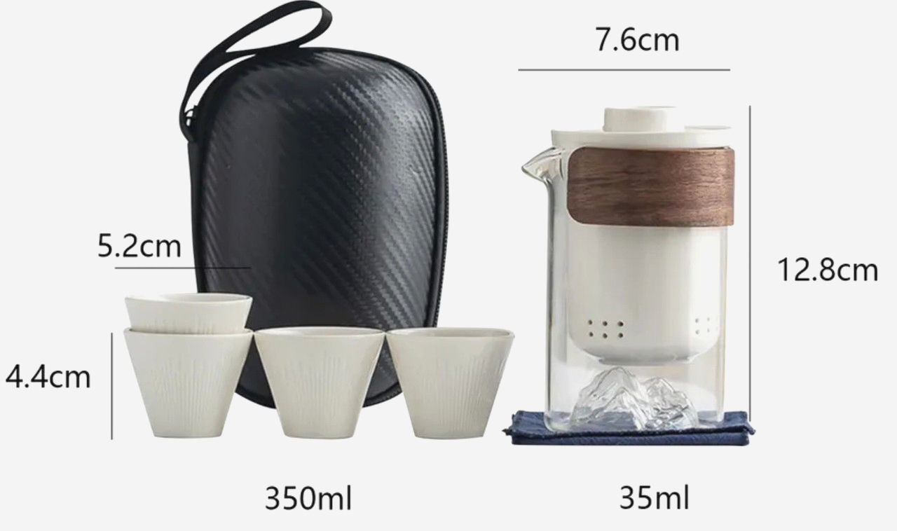 Набір Travel Tea Set для чайної церемонії з сумкою, кераміка і боросилікатне скло, 350 мл, білий