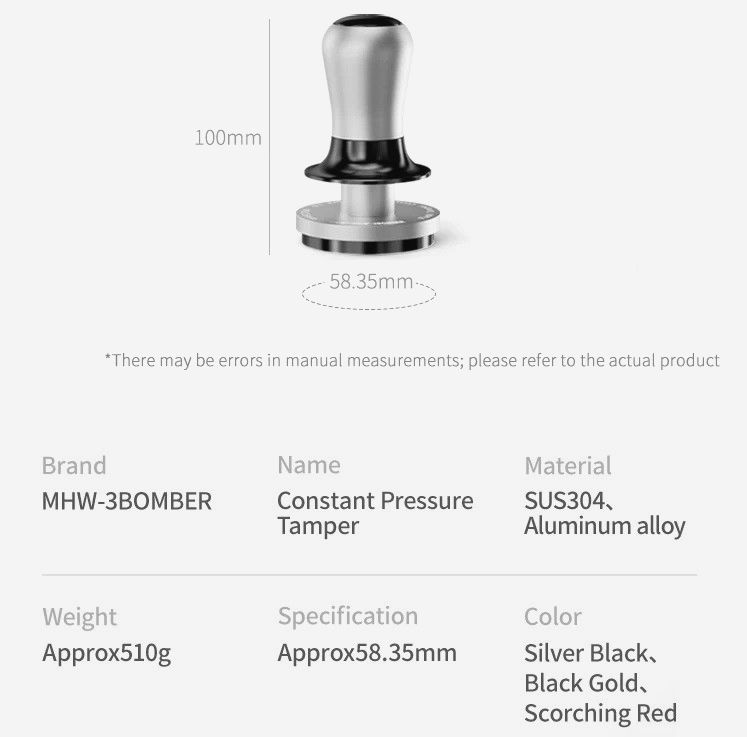 Пуш Темпер MHW-3Bomber 58.35 мм Gold 30lbs Динамометрический для бариста Flowlight Constant