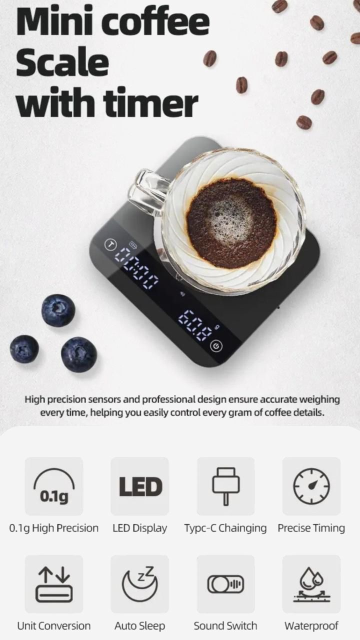 Весы для кофе Smart Scale K110, точность 0.1 г, USB зарядка, черный, 0.3–2000 г