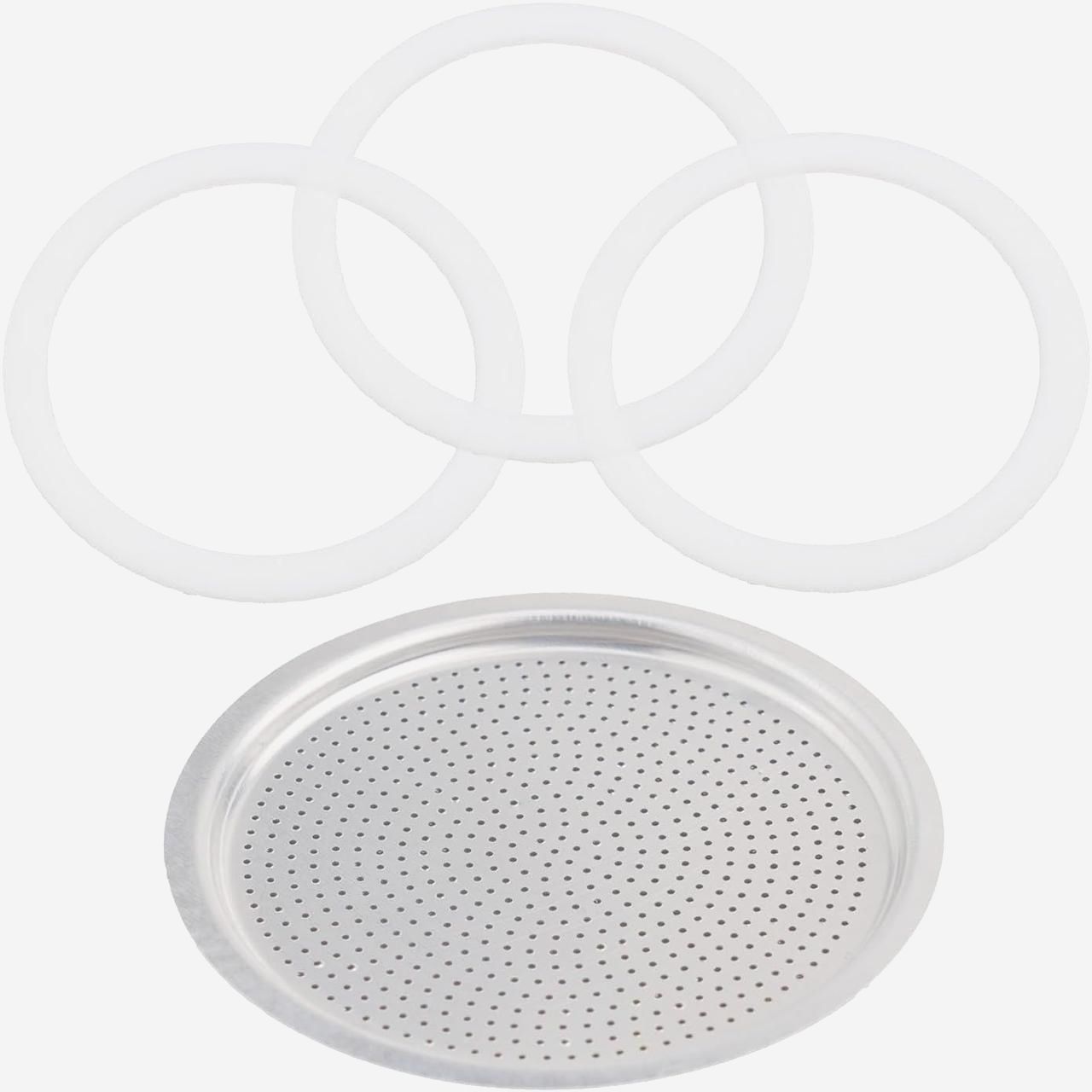 Комплект уплотнителей и фильтра для гейзерной кофеварки 9 cup, 3 резинки + сито
