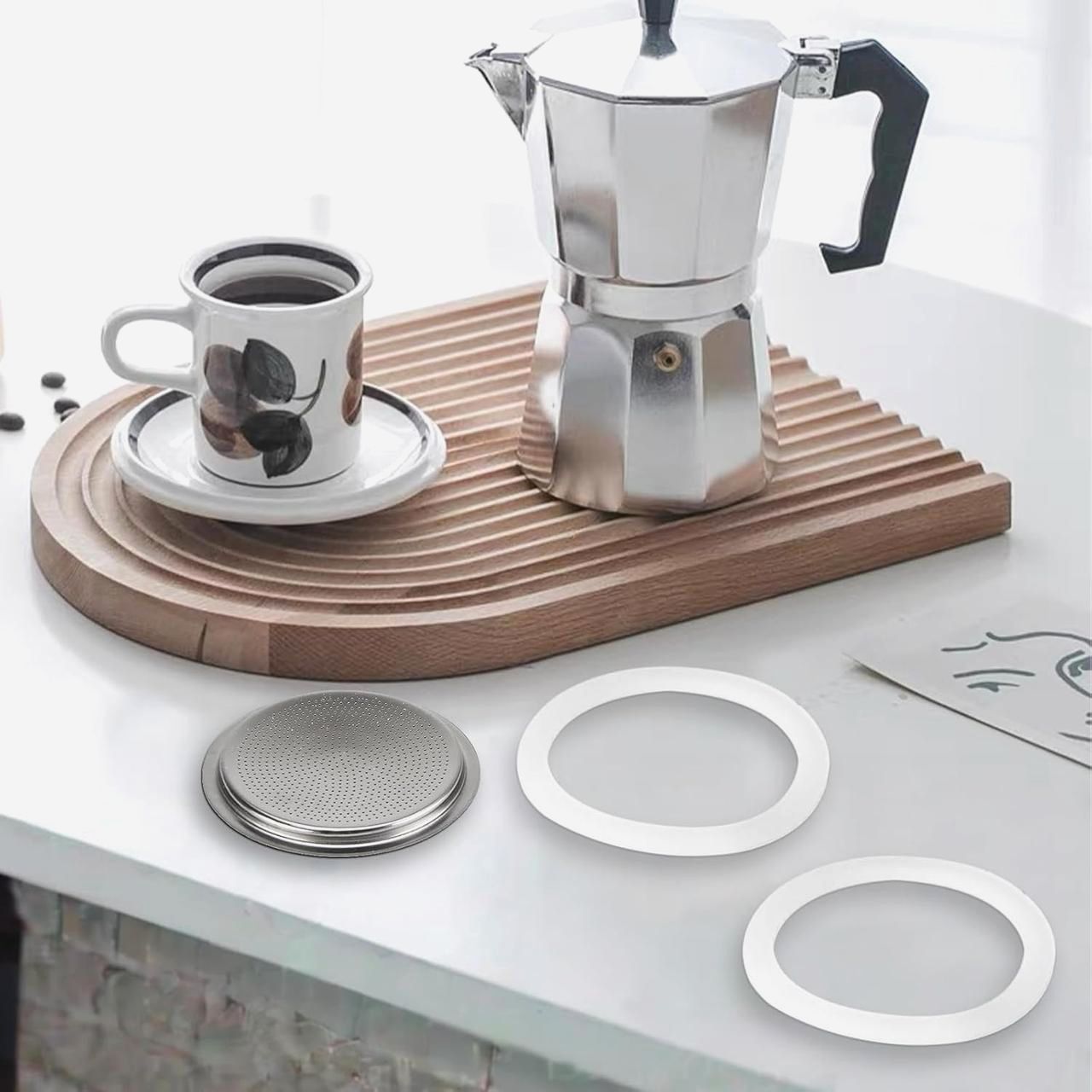 Комплект уплотнителей и фильтра для гейзерной кофеварки 9 cup, 3 резинки + сито