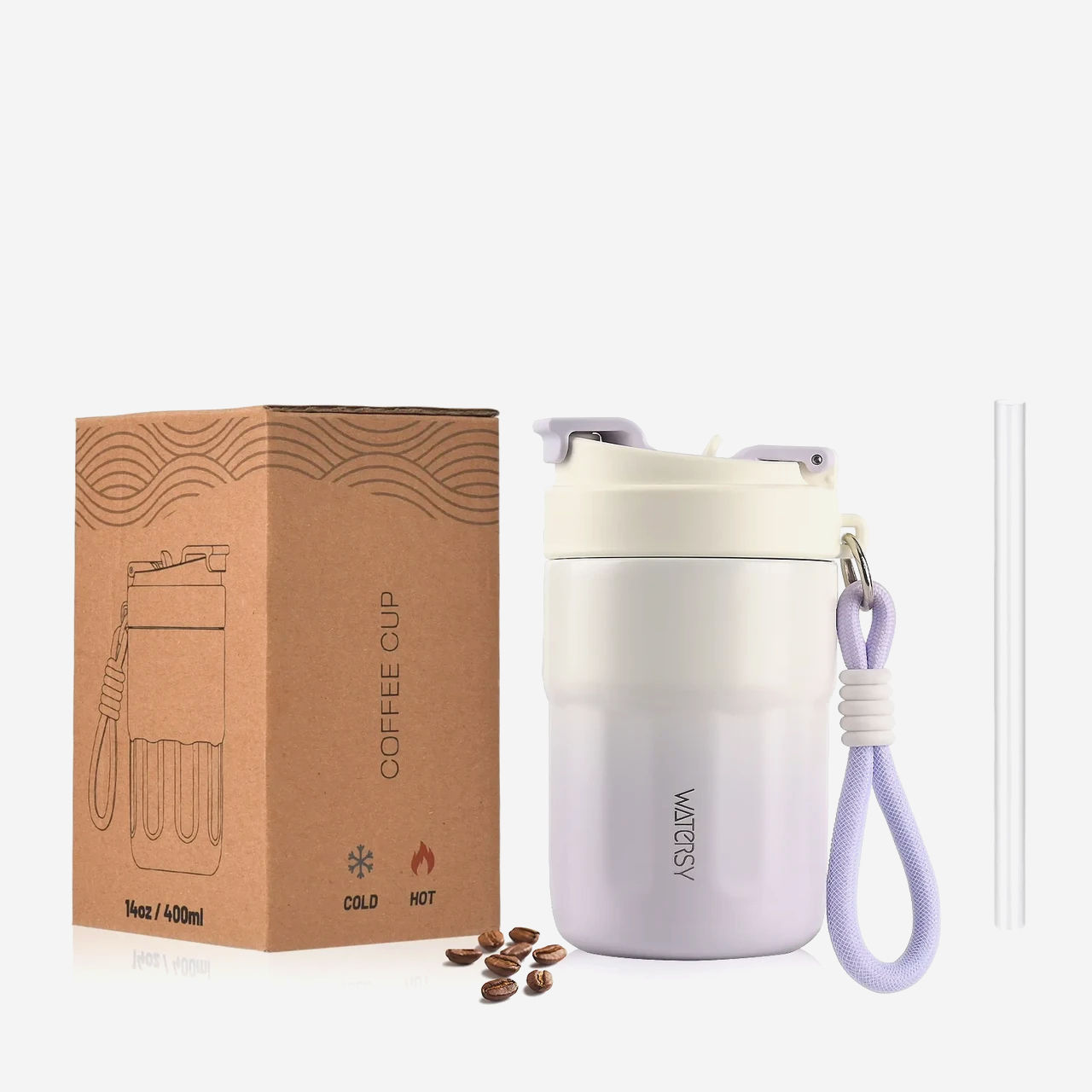 Термочашка WATERSY 400 мл, нержавіюча сталь, герметична кришка, металевий трубочка, фіолетова